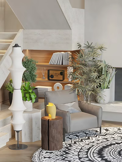 Modern Accent Chair in Cozy Living Room with Green Plants and Decorative Elements 3d model