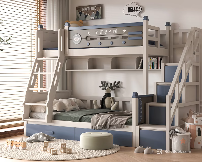 Kids Room Bunk Bed With Staircase Storage Drawers And Deer Decorations 3d model 