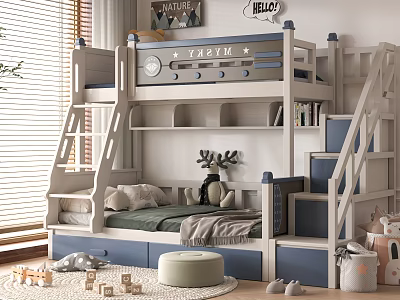 Kids Room Bunk Bed With Staircase Storage Drawers And Deer Decorations 3d model