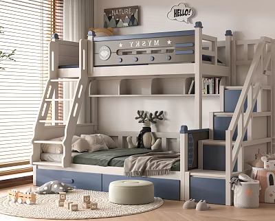 Kids Room Bunk Bed With Staircase Storage Drawers And Deer Decorations 3d model