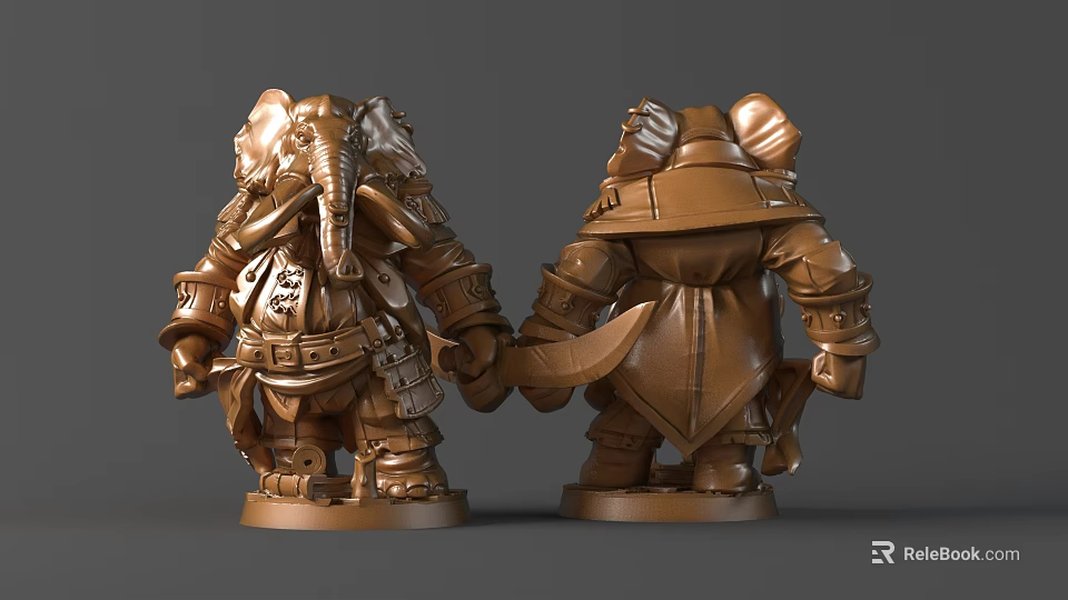 Pair of Bronze Armored Elephant Sculptures With Decorative Weaponry And Standing Posture 3d model 