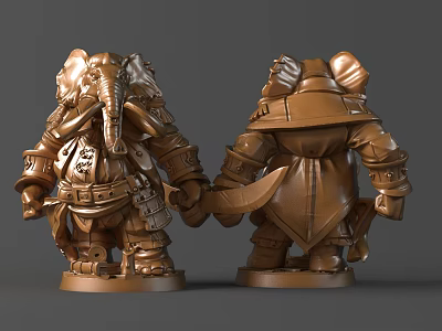 Pair of Bronze Armored Elephant Sculptures With Decorative Weaponry And Standing Posture 3d model