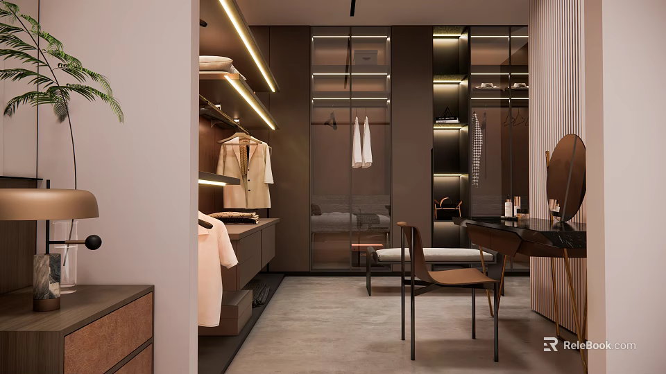 Modern Walk in Closet Interior With Hanging Clothes Dressing Table Mirror And Cabinets 3d model
