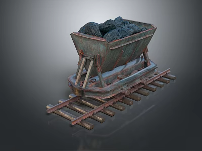 Old Fashioned Mine Cart Filled With Black Ore On Wooden Rail Track 3d model