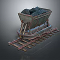 Old Fashioned Mine Cart Filled With Black Ore On Wooden Rail Track