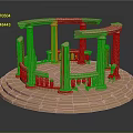 Cartoon Style Golden Circular Stage With Columns Railings And Decorative Design