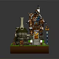 Lego Style Small House Model With Blue Roof Chimney And Staircase On Green Grass Base
