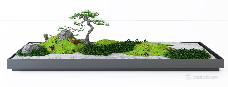 Miniature Garden Ornament with Bonsai Pine Tree Stone and Lush Green Plants Mossy Path 3d model 