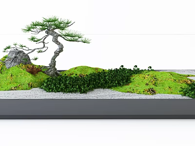 Miniature Garden Ornament with Bonsai Pine Tree Stone and Lush Green Plants Mossy Path 3d model