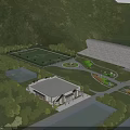 Scenic Landscape With Mountain Lake Dam Lush Green Spaces Buildings And Trees