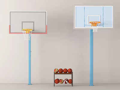 Basketball Court With Two Hoops Blue Poles White Backboards And Basketballs On Shelf 3d model