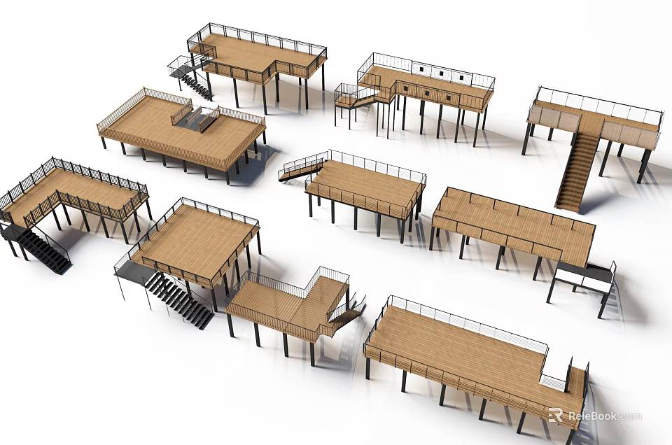 Wooden Platform Structures With Staircases And Various Design Layouts 3d model