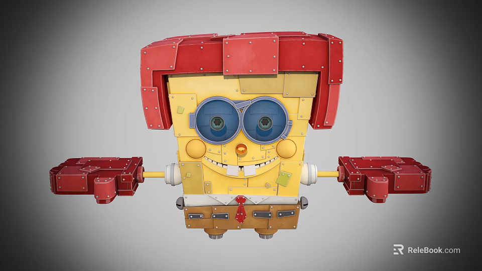 SpongeBob Like Game Movie Character With Yellow Square Head Red Mechanical Arms And Blue Goggles 3d model 
