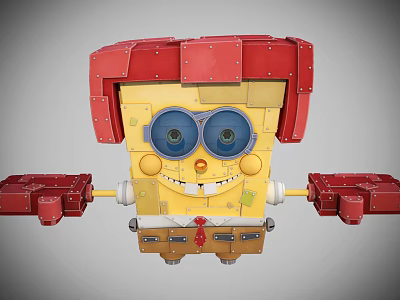 SpongeBob Like Game Movie Character With Yellow Square Head Red Mechanical Arms And Blue Goggles 3d model