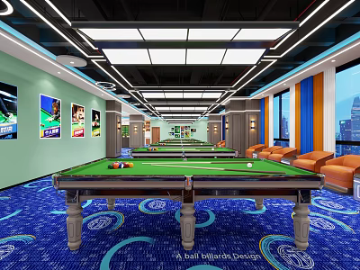 Modern Billiard Room With Pool Tables Comfortable Sofas And Blue Carpet 3d model