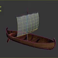 Traditional Wooden Sailboat With Red Mast And White Sail For Water Travel