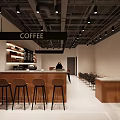 Modern Café Interior With Order Pick Up Areas Wooden Counter Bar Stools And Drinks Shelves