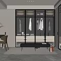 Modern Walk in Closet Interior Design With Glass Door Cabinets Hanging Clothes Drawers And Bench