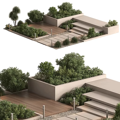Lush Modern Courtyard Garden With Wooden Deck Concrete Planters And Steps 3d model
