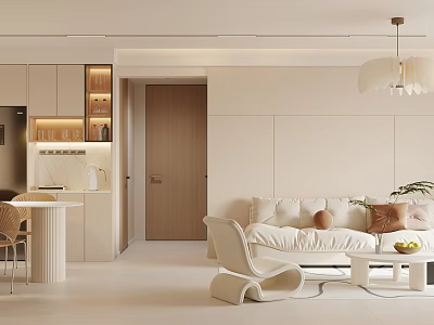 Modern Open Living Dining Room With Light Colored Sofa Coffee Table And Chandelier 3d model