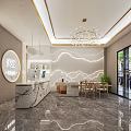 Elegant Beauty Hair Salon Space Featuring Marble Reception Desk Wooden Tables And Light Decorative Wall