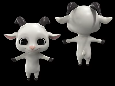 Cartoon Style Game Movie Character White Goat With Black Horns Big Eyes Pink Nose Standing Pose 3d model