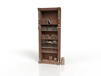 Brown Wooden Bookcase With Multiple Shelves Holding Books And Books Stacked Beside 3d model