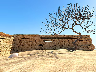 Natural Stone Wall Landscape With Leafless Tree Sandy Ground And Blue Sky 3d model