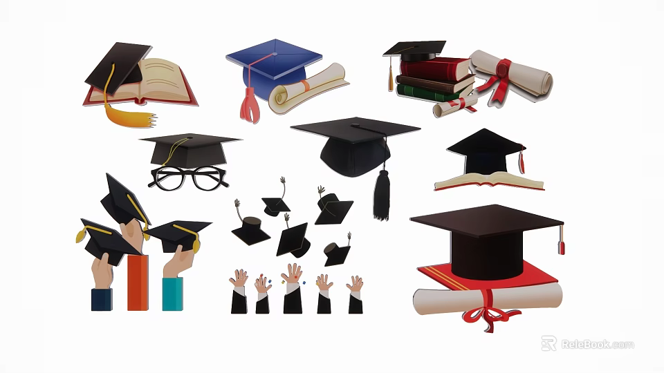 Graduation Themed Decorative Ornaments Featuring Caps Diplomas Books And Celebration Elements 3d model 