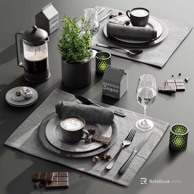 Modern Dinnerware Set With Plates Napkins Coffee Cup Forks Knives Wine Glass And Green Plant 3d model 