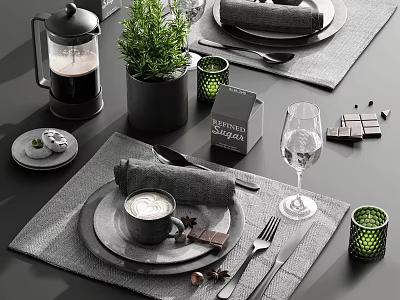 Modern Dinnerware Set With Plates Napkins Coffee Cup Forks Knives Wine Glass And Green Plant 3d model