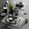Modern Dinnerware Set With Plates Napkins Coffee Cup Forks Knives Wine Glass And Green Plant