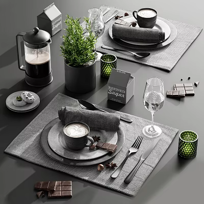 Modern Dinnerware Set With Plates Napkins Coffee Cup Forks Knives Wine Glass And Green Plant 3d model