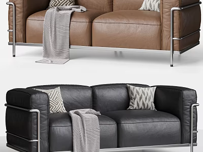 Modern Two Seater Leather Sofa With Metal Frame Pillows And Throw Blanket 3d model