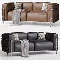 Modern Two Seater Leather Sofa With Metal Frame Pillows And Throw Blanket