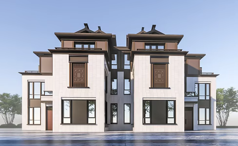 New Chinese Style Double House Townhouse 3d model