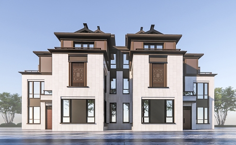 New Chinese Style Double House Townhouse 3d model