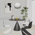 Modern Black Round Table With White And Black Chairs In Interior With Artwork And Plant