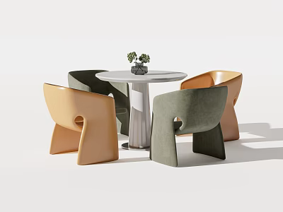 Modern Round Table and Chair Set With Beige Green Seats And Small Plant 3d model