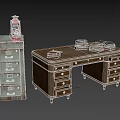 Vintage Wooden Office Desk With Matching Drawer Cabinet Stacked Books And Classic Lantern