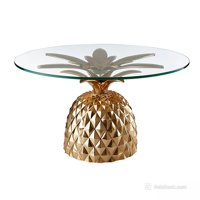 Round Transparent Glass Top Dining Table With Gold Pineapple Base And Diamond Texture 3d model