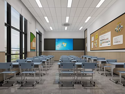 Modern School Classroom Interior With Desks Chairs Blackboard Screen And Windows 3d model