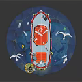 Natural scene inside crystal ball with red fishing boat seagulls and calm blue water
