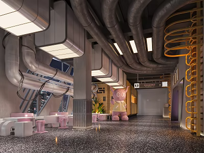 Industrial Style Bar With Exposed Metal Pipes Modern Lighting Pink Decorations And Large Doll 3d model
