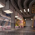Industrial Style Bar With Exposed Metal Pipes Modern Lighting Pink Decorations And Large Doll