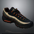 Dark Blue Brown Beige Retro Sports Sneakers With Red Air Cushion Sole And Orange Laces