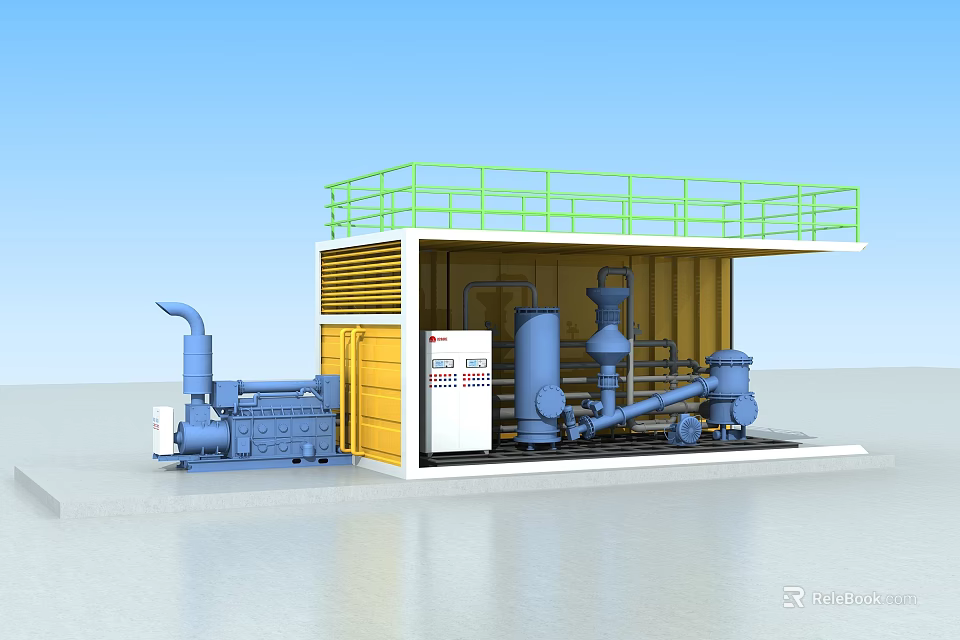 Industrial Equipment Unit With Yellow Container Structure Green Guardrail And Blue Machinery Components 3d model 