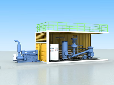 Industrial Equipment Unit With Yellow Container Structure Green Guardrail And Blue Machinery Components 3d model