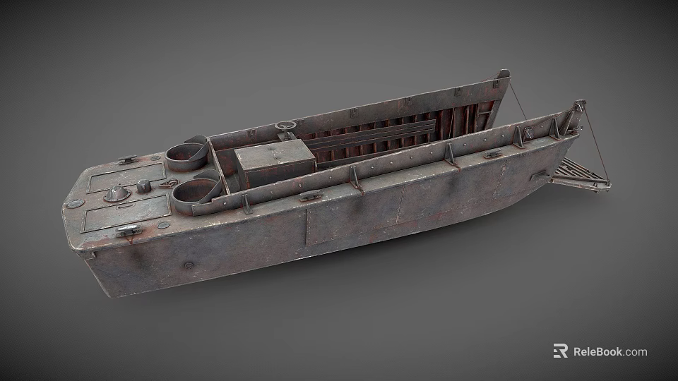 Rusty Metal Yacht with Round Openings and Industrial Metal Frames on Gray Background 3d model 