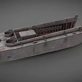 Rusty Metal Yacht with Round Openings and Industrial Metal Frames on Gray Background